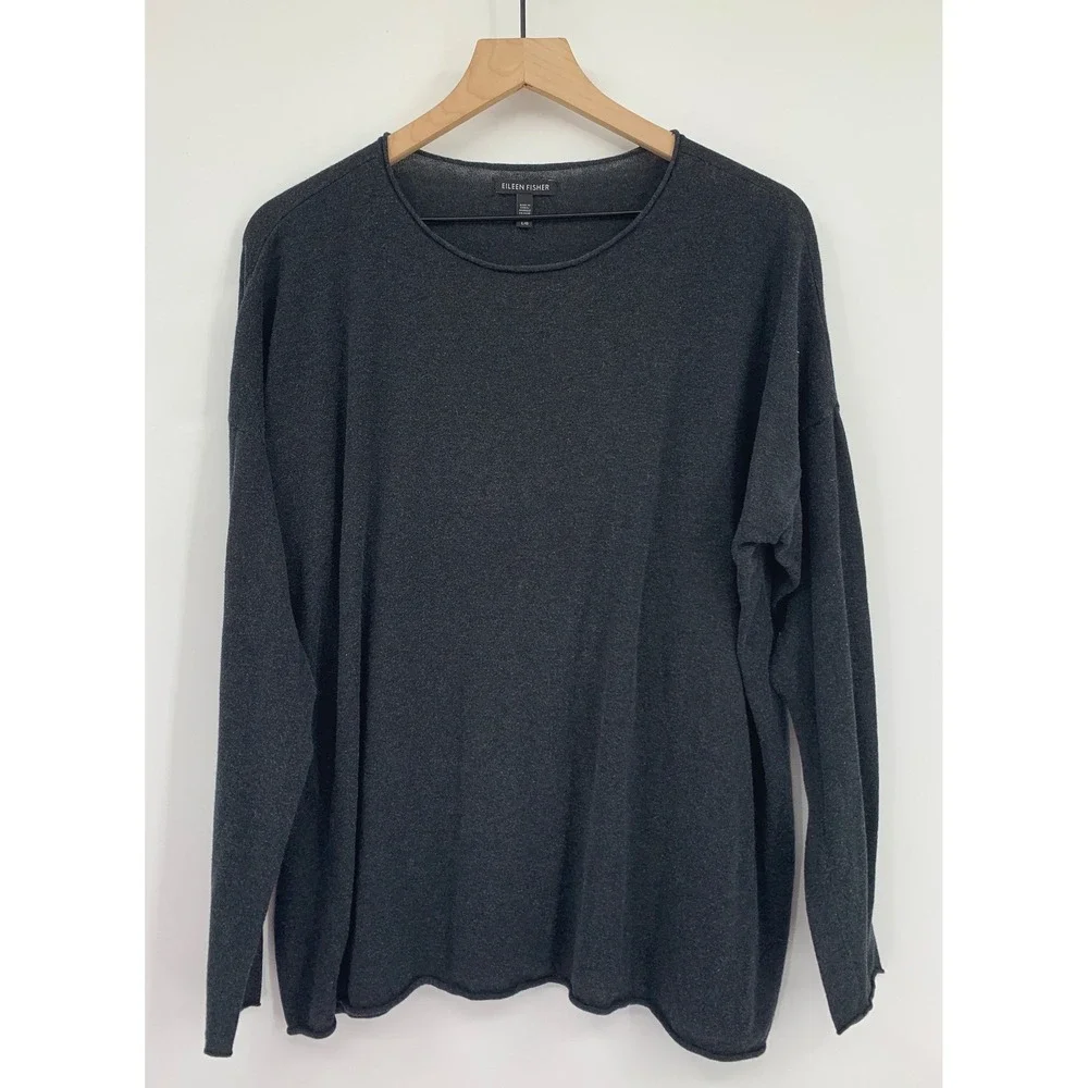 Eileen Fisher Sweater Large Charcoal Gray Tencel Cotton Silk Knit Lightweight